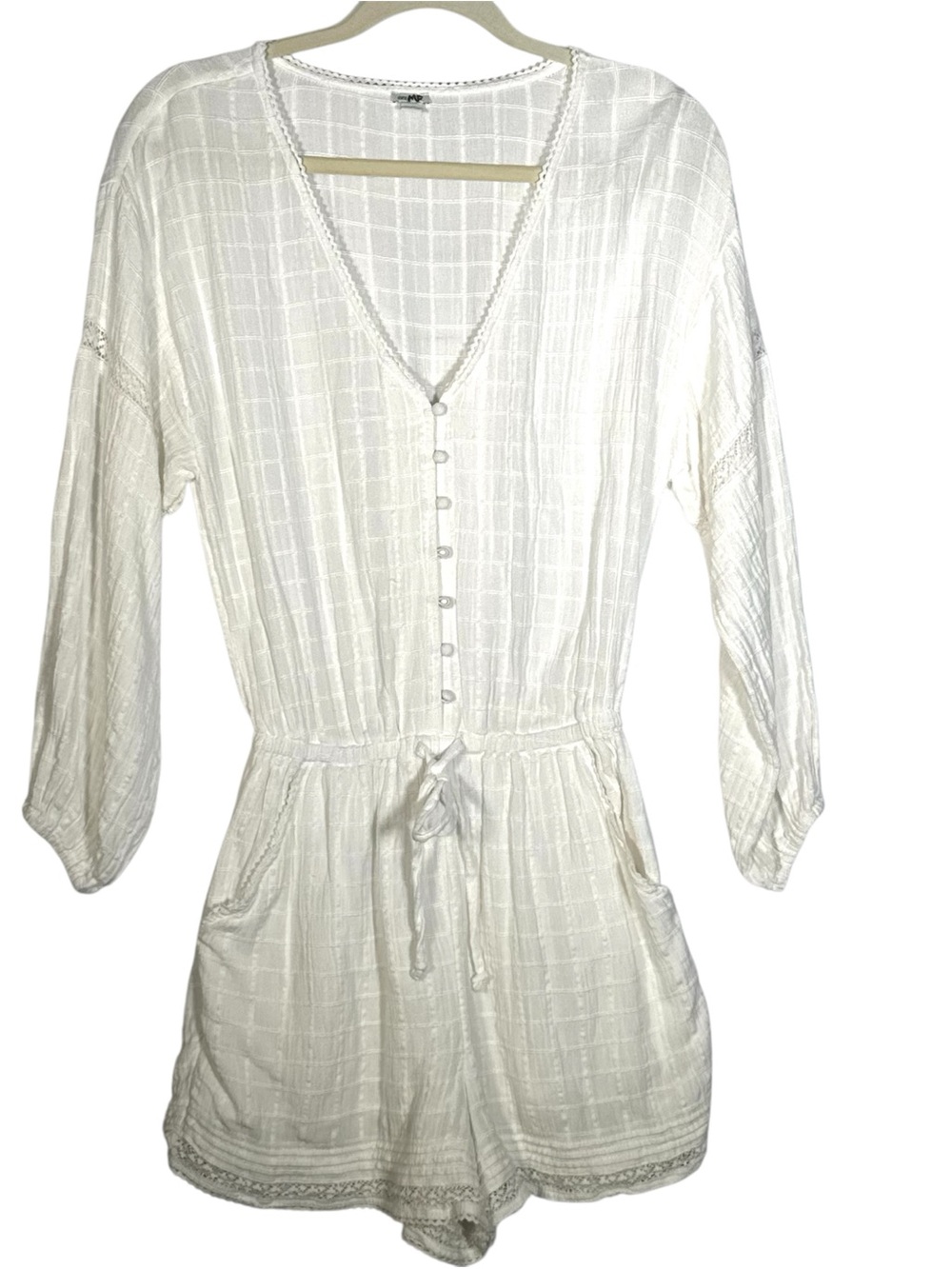 Aerie White Cotton Gauze Button Romper Long Sleeve Lace Trim Sz S Beach Boho
